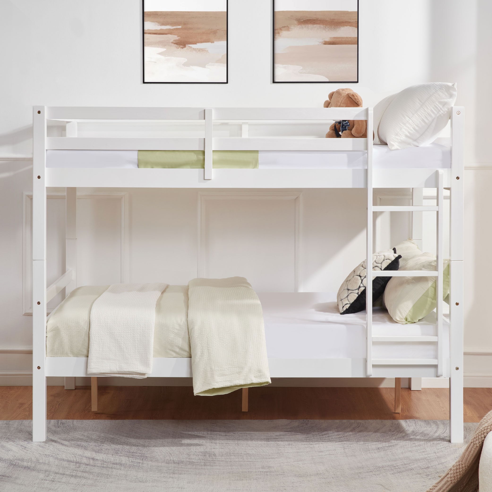 Full over Full Bunk Bed with Thick Posts,Wooden Bunk Bed with High Guardrail and Ladder for Kids, Teens, Dorm Rooms, and Guest Rooms,No Box Spring Needed,White Full over Full Bunk Bed with Thick Posts,Wooden Bunk Bed with High Guardrail and Ladder for Kids, Teens, Dorm Rooms, and Guest Rooms,No Box Spring Needed,White